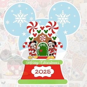 May include: A Christmas-themed sticker featuring Mickey and Minnie Mouse in festive attire. The design includes a snow globe shape with snowflakes, candy canes, and the text "Merry Christmas 2025". The background is light blue and red.