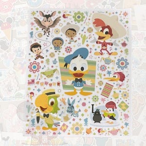 May include: A clear sticker sheet featuring colorful cartoon characters, including Donald Duck, Woody Woodpecker, and José Carioca. The design incorporates floral and geometric patterns in pastel colors, creating a whimsical and playful aesthetic.