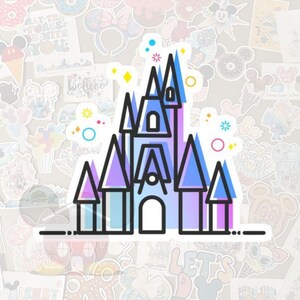 May include: A sticker featuring a stylized castle with blue, purple, and pink accents. The castle has multiple turrets and a black outline. Decorative elements include stars and circles. The sticker is surrounded by other stickers with cartoon characters.