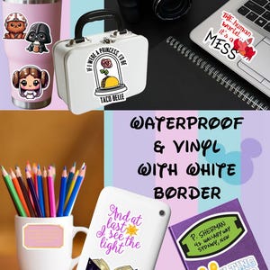 Puede incluir: Colecci&oacute;n de pegatinas de vinilo impermeables con bordes blancos. Los dise&ntilde;os incluyen personajes de dibujos animados, una parodia de Taco Belle y citas como "The human world... it's a MESS" y "And at last I see the light."