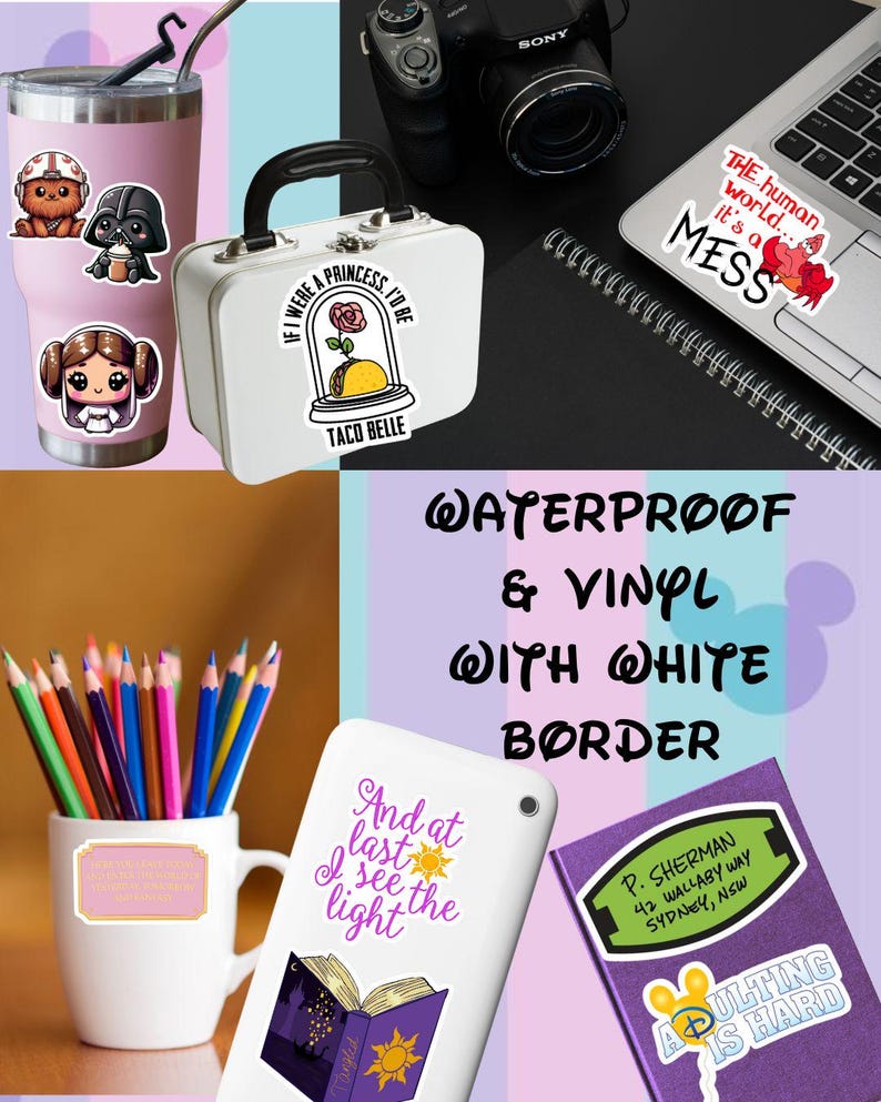 Puede incluir: Colecci&oacute;n de pegatinas de vinilo impermeables con bordes blancos. Los dise&ntilde;os incluyen personajes de dibujos animados, una parodia de Taco Belle y citas como "The human world... it's a MESS" y "And at last I see the light."