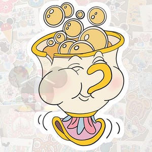 May include: A sticker featuring a cartoon teacup with a smiling face, yellow handle, and bubbles. The teacup has a white body with pink cheeks and a pink and blue base. The sticker is surrounded by other cartoon stickers.