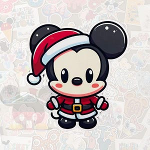 May include: A cartoon sticker of Mickey Mouse dressed as Santa Claus. Mickey is wearing a red and white Santa hat and a red suit with a gold buckle. The sticker has a white background and is surrounded by other Disney-themed stickers.