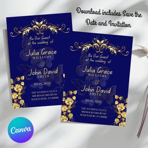 Be Our Guest Wedding Invitation and Save the Date Digital Download-Disney Theme,Beauty & Beast Wedding, Navy/Gold-Editable, Instant Download