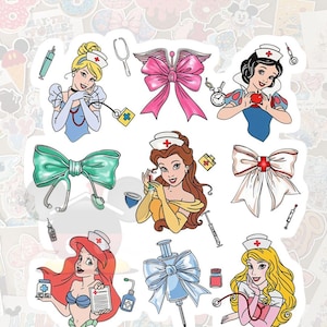 May include: A collection of colorful stickers featuring cartoon princesses dressed as nurses. Each sticker showcases a different princess with medical tools like stethoscopes, syringes, and medicine bottles. The stickers have a white border and are set against a background of other stickers.