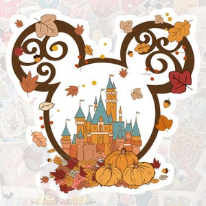 May include: A sticker featuring a brown Mickey Mouse head outline with autumn leaves and a castle inside. The castle is orange and blue, with pumpkins and fall foliage at the base. The background is filled with other stickers.