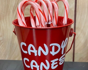 Disney Themed Candy Cane Bucket- Red Metal Bucket- Christmas