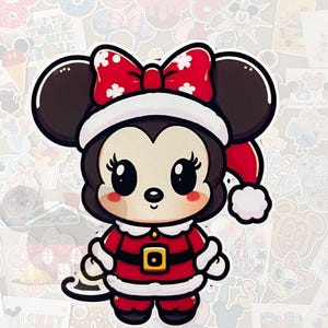 May include: A cartoon sticker of Minnie Mouse in a Santa Claus outfit. The character has large black ears, a red bow with white polka dots, and a red and white Santa hat. She is wearing a red and white Santa suit with a black belt and gold buckle.