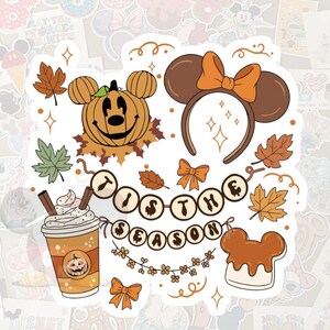 May include: A collection of fall-themed stickers featuring a pumpkin with Mickey Mouse ears, a Minnie Mouse ear headband with a bow, and a pumpkin spice latte. The text "Tis the Season" is displayed on a banner, with autumn leaves and bows.