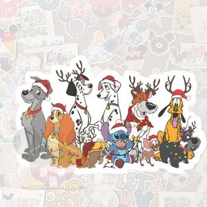May include: A sticker sheet featuring cartoon dogs in festive holiday attire. The dogs include a Dalmatian, a grey dog, Lady, Stitch, and Pluto, all wearing Santa hats and reindeer antlers. Some are adorned with Christmas lights.