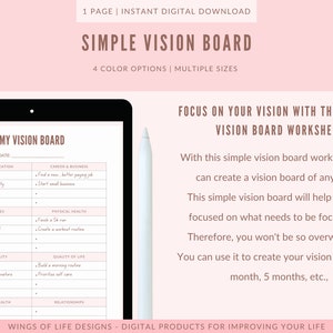 Simple Vision Board Digital Worksheet: Vision Board, Digital Worksheet, Create Your Vision