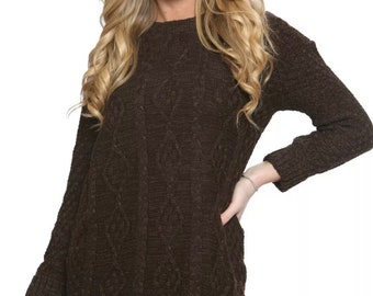 Brown New Ladies Long Sleeve Chunky Jumper Cable Knitted Crew Neck Winter Sweater Top