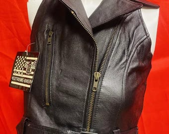 Vintage Biker tops for women genuine leather 90' With Elastic Strap Back