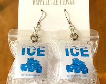 アイスキューブバッグダングルイヤリング：高品質18Kゴールドまたはシルバーメッキステンレス、楽しいフードジュエリー