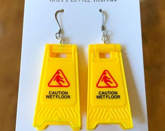 Miniature Caution Sign Earrings, Yellow Caution Earrings, Fun Earrings, Quarity Silver Colored Stainless Hooks, Free Gift