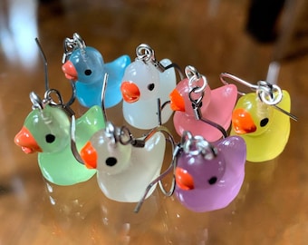 Clear Color Duckling Earrings/Glow in the Dark Earrings/Miniature Duck Earrings/Quality Silver Stainless Hooks/Free Gift