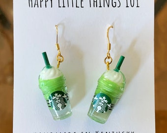 Matcha Frappuccino Dangle Earrings, 18K Gold Plated Hooks, Matcha Lover Gift
