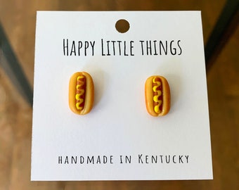 Hotdog Stud Earrings with Plain, Mustard & Ketchup flavor: 18K Gold Plated Stainless Hooks, Food Lover Jewelry