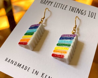Rainbow Cake Slice Dangle Earrings, 18K Gold Plated Stainless Hooks, Cake Lover Gift