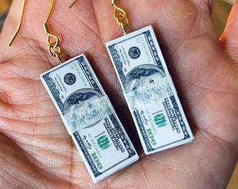 100 Dollar Bill Dangle Earrings: 18K Gold Plated Stainless Hooks, Fun Money Jewelry