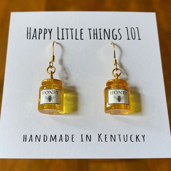 Miniature Honey Jar Dangle Earrings: 18K Gold Plated Hooks, Fun Food Jewelry