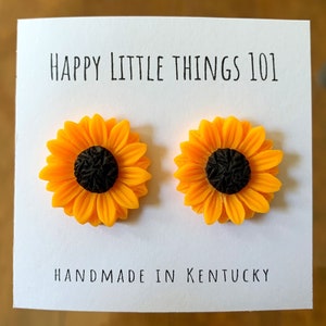 Sunflower Stud Earrings, Yellow Flower Earrings, Sunflower Lover Gifts for Her, Flower Ring, 18K Gold Plated, Free Gift