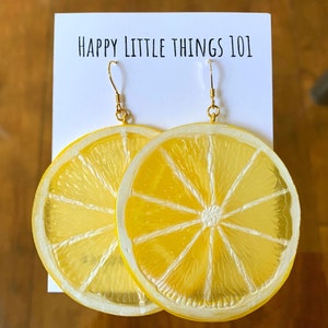 Lemon Slice Dangle Earrings: 18K Gold Plated Stainless Hooks ***Weight 9g (0.3oz) each, Fruit Themed Party