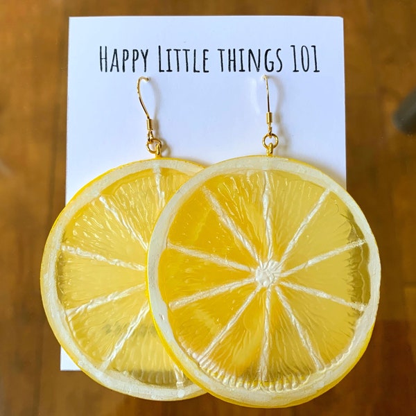Lemon Slice Dangle Earrings: 18K Gold Plated Stainless Hooks ***Weight 9g (0.3oz) each, Fruit Themed Party
