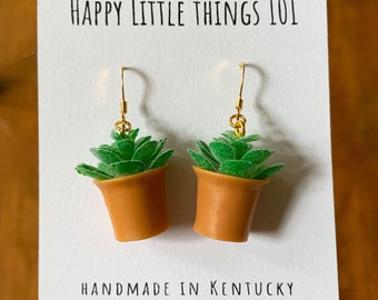 Mini Plant Dangle Earrings, MIni Succulent Drop Earrings, Gifts for Plant Lovers, Miniature Earrings, 18K Gold Plated, Free Gift & Gift Box