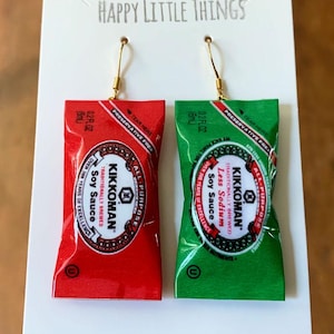 Soy Sauce To Go Packet Dangle Earrings, Less Sodium Soy Sauce Earrings, Fun Earrings, Sushi Lover Earrings, 18K Gold Plated Hook, Free Gift