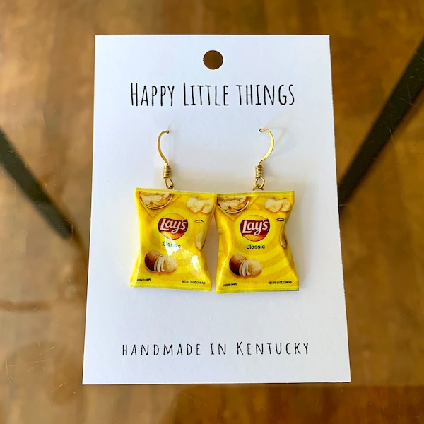 Mini Chip Bag Drop Earrings/Snack Bag Earrings/Food Earrings/Fun Gift for Her/Handmade Miniature Earrings/18K Gold Plated/Free Gift Box
