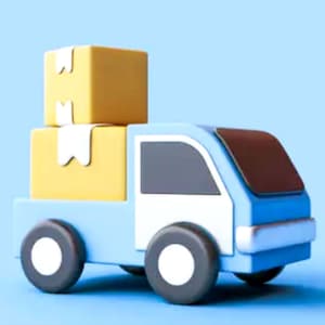 May include: A blue toy delivery truck with a white stripe and brown back window. The truck is carrying two yellow boxes with white labels.