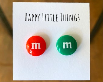 Holiday M&M Earrings/Red and Green Chocolate Candy Earrings/Chocolate Accessories/Silly Holiday Gift for Her/18K Gold Plated/Free Gift Box
