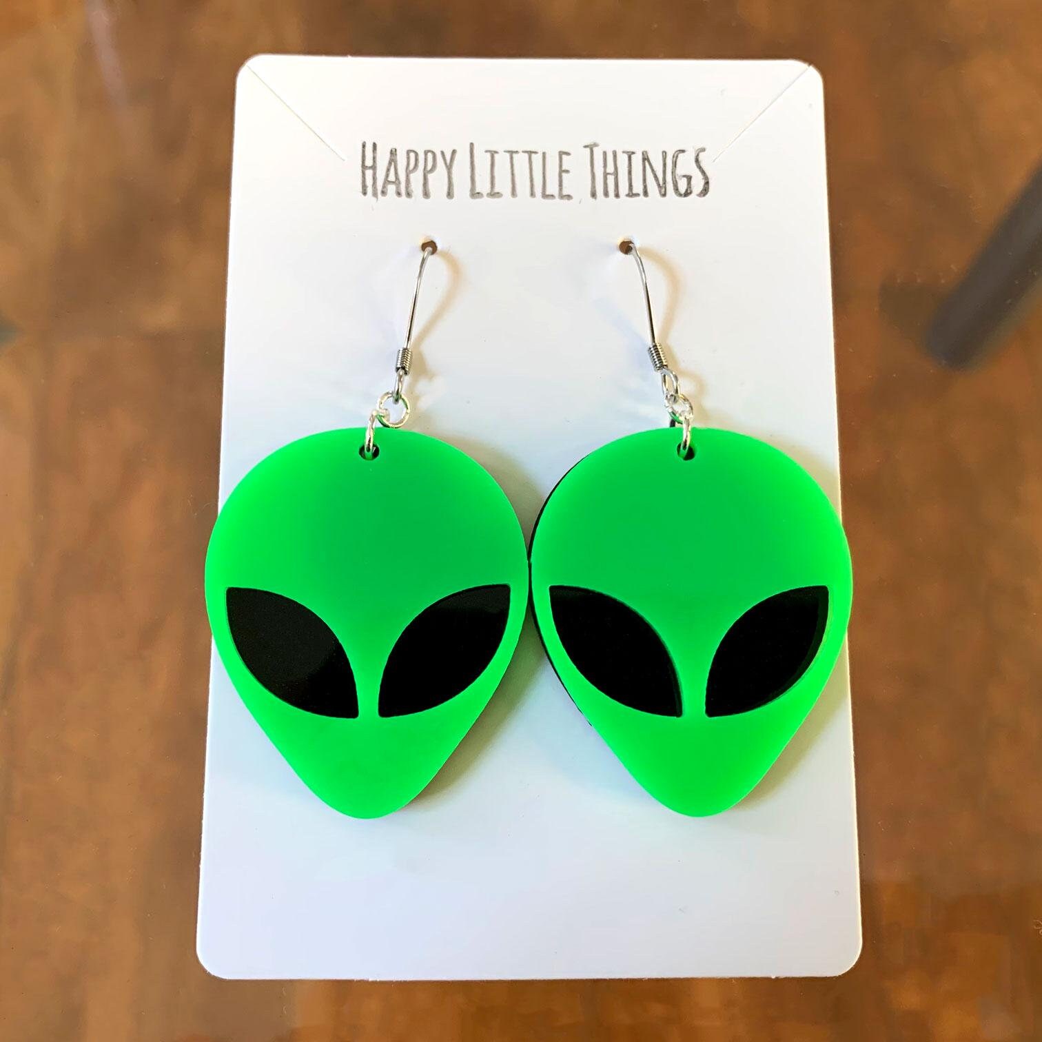 Alien Dangle Earrings, Green Fluorescent Color Earrings, Fun Earrings ...