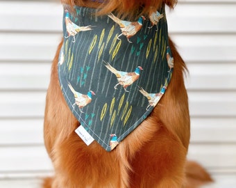 Hunting Pheasants - Thick, Heavy Duty Material. Handmade Dog Bandana, Snap On