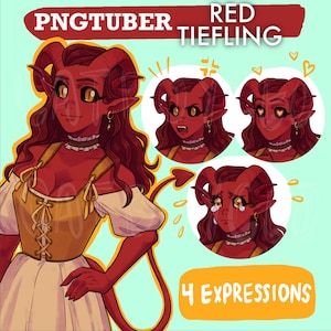 May include: A digital illustration of a red-skinned tiefling with horns, a tail, and yellow eyes. The tiefling is wearing a yellow and brown dress with a white collar and sleeves. The illustration includes four different expressions of the tiefling, including a neutral expression, a surprised expression, a blushing expression, and a crying expression. The text "PNGTUBER RED TIEFLING 4 EXPRESSIONS" is included in the image.