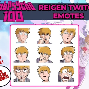 May include: A set of nine animated emojis featuring a character with orange hair and different facial expressions. The emojis are labelled "Reigen Twitch Emotes".