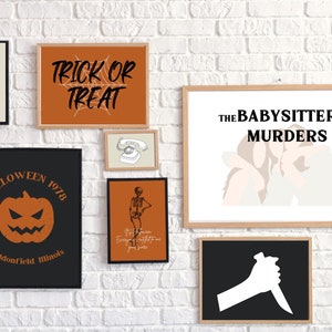 May include: A collection of eight framed prints with a Halloween theme. The prints feature a ghost, a pumpkin, a skeleton, a telephone, a knife, and a couple. The prints are arranged on a white brick wall. The text on the prints includes "Trick or Treat", "Halloween 1978", "Haddonfield Illinois", "The Babysitter Murders", and "Everything's better with a good scare".