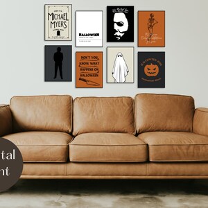May include: A set of seven Halloween-themed digital prints featuring various characters and quotes from the movie Halloween. The prints are displayed on a wall above a brown leather couch.