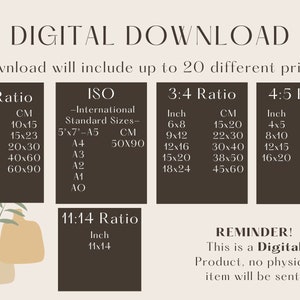 May include: A digital download graphic with a brown background and white text. The graphic lists different print sizes in inches and centimeters for various aspect ratios, including 2:3, 3:4, 4:5, and 11:14. The text "DIGITAL DOWNLOAD" is at the top of the graphic, and the text "REMINDER! This is a Digital Product, no physical item will be sent." is at the bottom of the graphic.