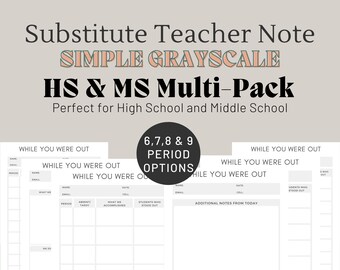 High School Substitute Teacher Note Bundle | Black and White | Grayscale | Printable | Substitute Report | Sub Plans | Middle School |Simple