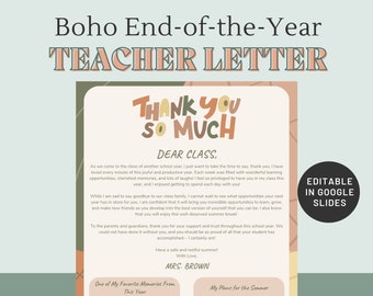 End of Year Teacher Letter | Editable | Mid Century Modern | Boho | Printable | Teacher Note | Student Gift | Last Day of School