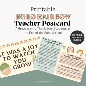 carte postale de professeur de fin d'année | Modifiable | Arc-en-ciel | Bohème | Plante | Imprimable | Note de l'enseignant | Cadeau étudiant | Dernier jour d'école