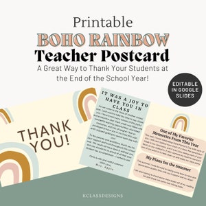 Postal de maestro de fin de año / Editable / Arco iris / Boho / Imprimible / Nota del maestro / Regalo del estudiante / Último día de clases