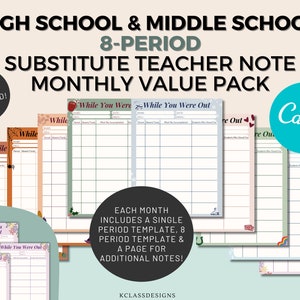 High School Substitute Teacher Note Monthly Value Bundle | Middle School | Seasonal |  Sub Report | Sub Plans | Editable While You Were Out