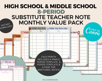 High School Substitute Teacher Note Monthly Value Bundle | Middle School | Seasonal |  Sub Report | Sub Plans | Editable While You Were Out