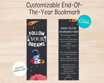 Customizable End of Year Teacher Bookmark | Space | Librarian | Inspirational | Printable | Student Gift | Last Day of School