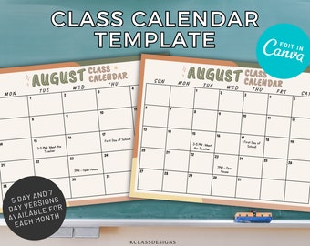 Class Calendar Template | MidCentury Modern | Boho | Customizable Teacher Calendar | Classroom Calendar | Classroom Template | Class News