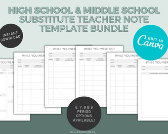 High School Substitute Teacher Note Bundle | Grayscale Modern | Black & White Substitute Report | Sub Plans  |  Editable While You Were Out