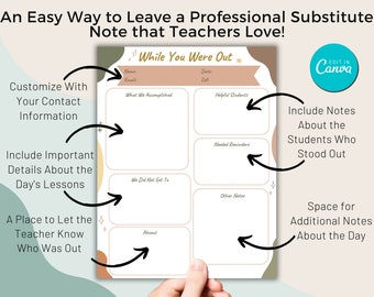 Editable Substitute Teacher Note | MidCentury Modern | Boho | Substitute Report | Sub Plans |  Fall | Relief Teacher | While You Were Away